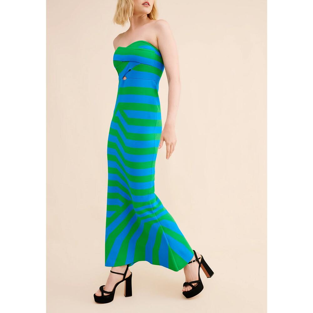 The Wolf Gang Aude Maxi Dress Aqua Stripe Strapless Knit Trumpet Cut Out SZ L